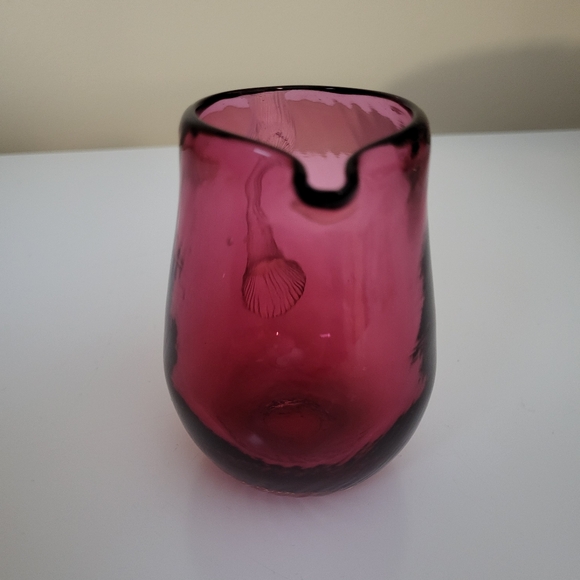 Vintage Small Cranberry Optic Blown Glass Pitcher with Applied Clear Handle - Picture 5 of 15